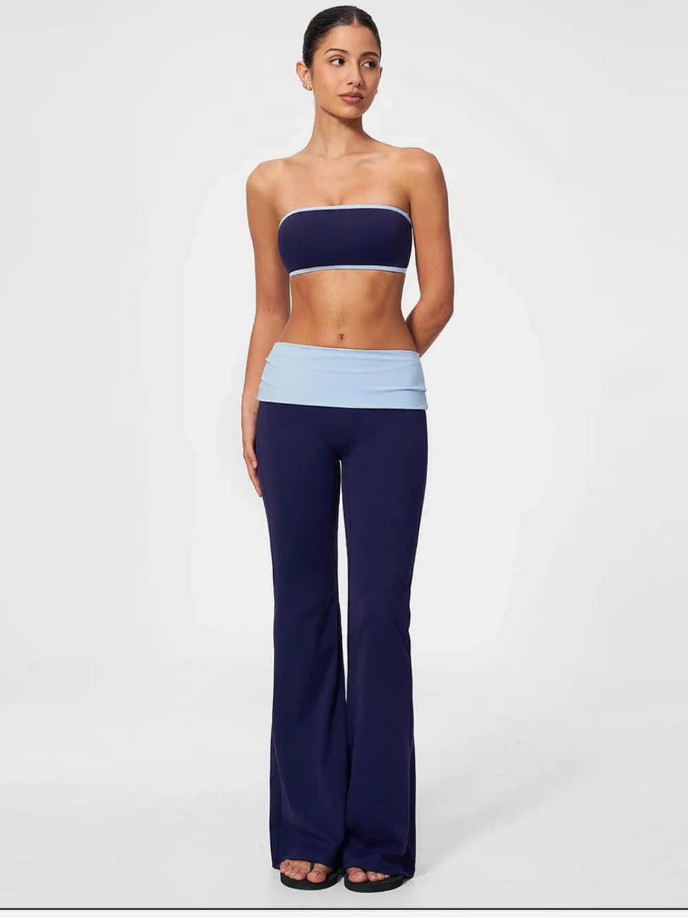 High-Waist Navy Flare Pants with Light Blue Waistband